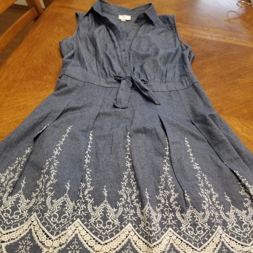 EUC Fun lightweight denim look dress with lace detail